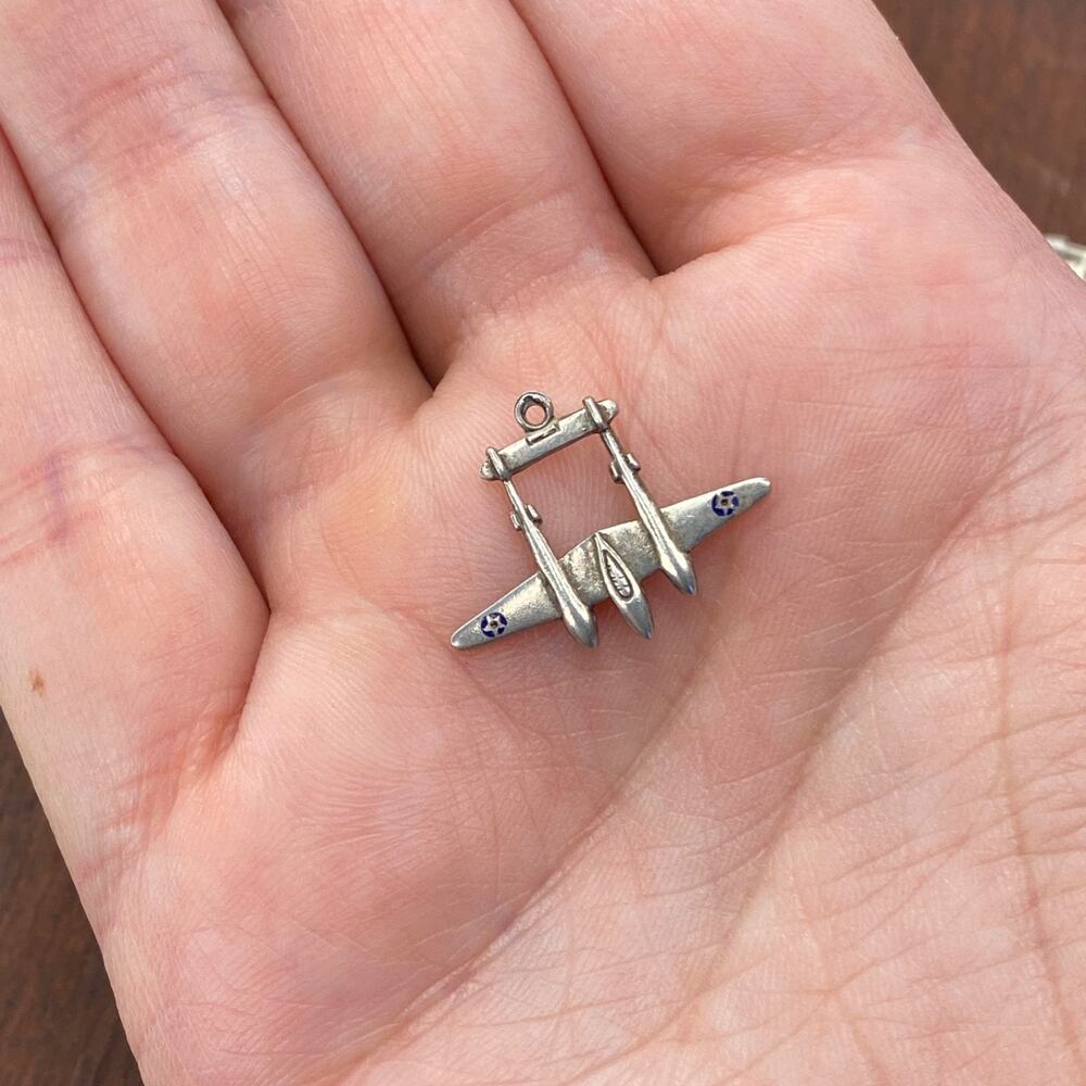 Vintage 925 Sterling Silver P-38 Lightning Fighter Plane Pendant Bracelet Charm